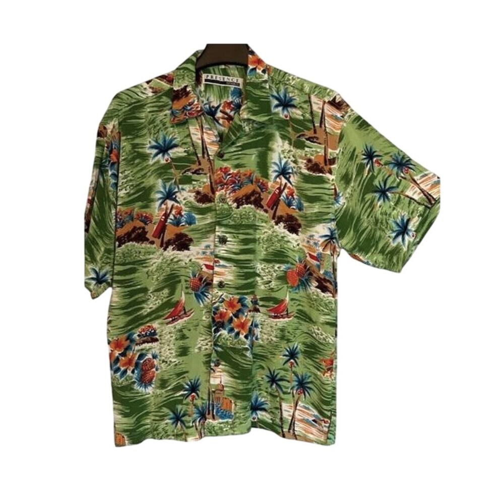 Presence Shirt Mens Size L Green Floral Button Up Collar Short Sleeve Hawaiian